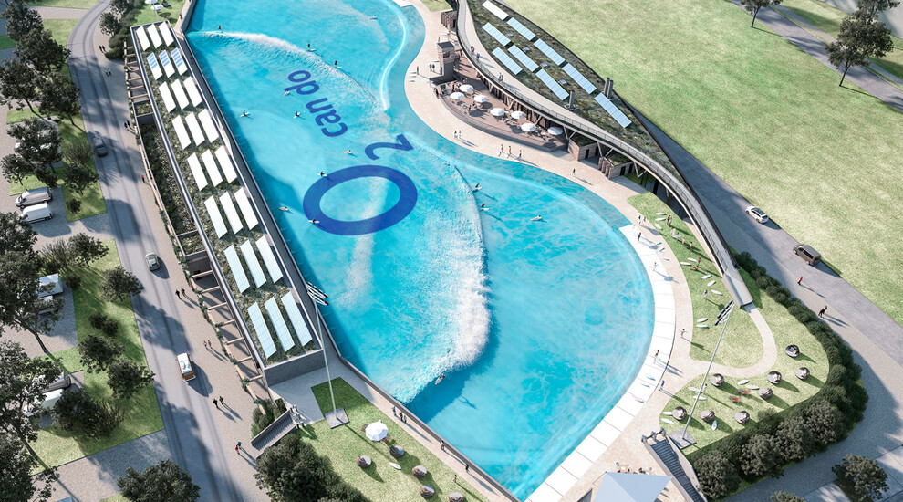 Visualisierung des Wave Pools der o2 SURFTOWN MUC von oben.